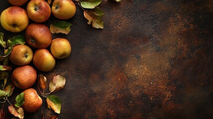 Aufkleber - Harvested Calvados apples arranged with autumn leaves on dark textured background creating space for text or branding.