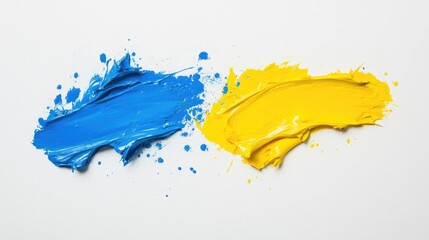 Poster - Vibrant blue and yellow paint strokes on a white background ideal for creative design and artistic text placement