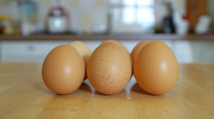 Poster - Close up of brown eggs arranged on a kitchen table with a low angle shot and empty space for text in a home cooking setting