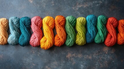 Poster - Colorful yarn skeins neatly arranged on a textured surface with ample empty space for text or crafting promotional materials
