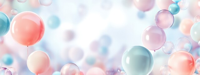 Poster - Soft pastel balloons drifting against a dreamy background with clear space for text and creative design elements.