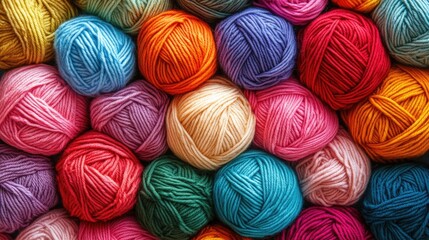 Poster - Vibrant multicolored yarn balls arranged artistically providing diverse textures and ample space for text or design elements