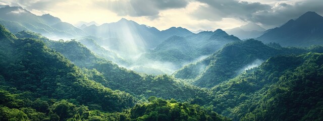 Poster - lush green mountain landscape with dramatic lighting and expansive empty space for adding text or br
