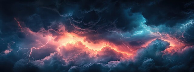 Poster - Dramatic stormy sky with dark clouds and vibrant lightning striking creating a powerful atmospheric background for text placement
