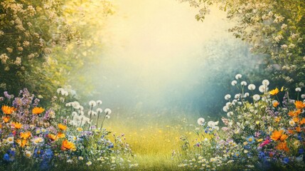 Poster - Colorful woodland backdrop in a children's garden featuring wildflowers and dandelions with a serene empty space for text and creativity