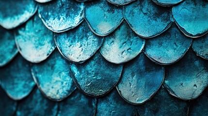 Poster - Close up of vibrant fish scale texture in shades of blue with ample space for text and creative design elements in the background