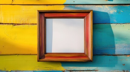 Poster - Colorful Wooden Photo Frame on Vibrant Wall with A4 Mockup Space for Custom Text and Design Applications