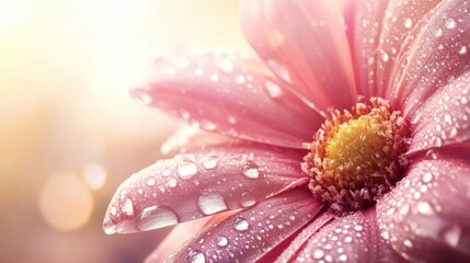 Poster - Dewy pink flower close up with sunlight background and soft bokeh effect ideal for text overlay and nature-themed projects
