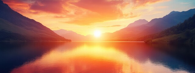 Poster - Dramatic sunset landscape over a serene lake with stunning reflections and ample empty space for text or captions
