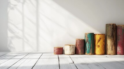 Poster - Colorful Wooden Logs Stacked in Bright White Room with Natural Light and Ample Copy Space for Text or Design Elements