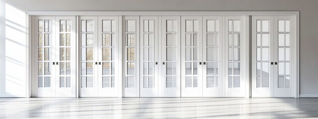 Poster - Modern White Accordion Doors with Square Handles and Glass Panels in Bright Interior Setting Empty Space for Text and Design Elements