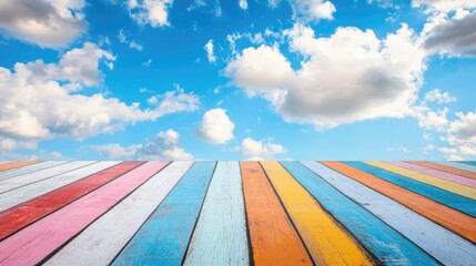 Poster - Colorful wooden floor with vibrant stripes against a bright blue sky and fluffy clouds offering ample space for text placement.