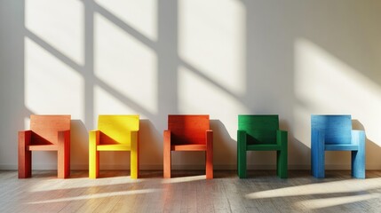 Poster - Vibrant wooden chairs arranged in a sunlit room with ample empty space for text or design elements on the wall.