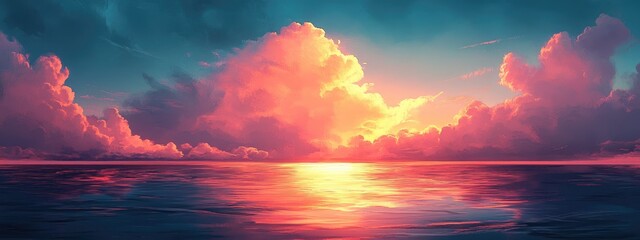 Poster - Vibrant Sunset Cloud Panorama Over Calm Ocean with Soft Light Ideal for Text Overlay