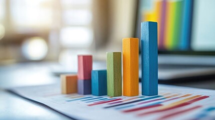 Poster - Colorful wooden blocks symbolizing business growth on a desk with space for text and blurred charts in the background for a corporate theme