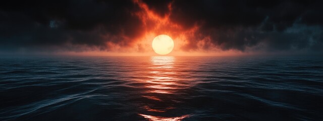 Poster - Vibrant sunset over tranquil ocean water creating an atmospheric scene ideal for adding text or messages in empty space.