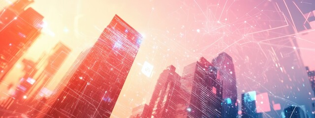 Aufkleber - Double Exposure of Cityscape and Digital Financial Data Visualization for Marketing and Advertising with Space for Text