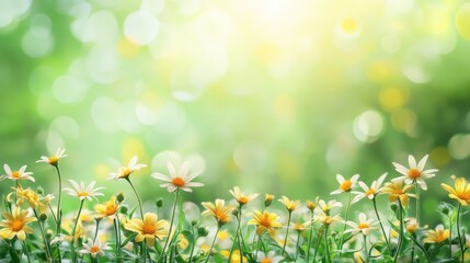 Poster - Colorful wildflowers in a summer field with a blurred green background creating a tranquil atmosphere and ample space for text overlay