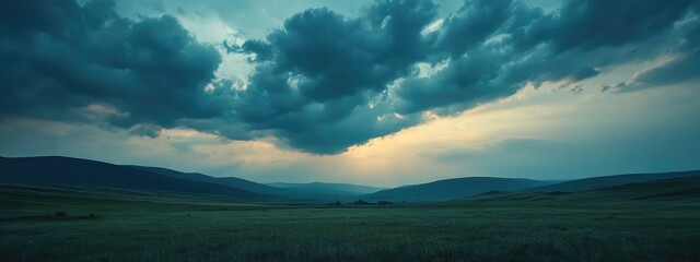 Poster - Dramatic twilight sky with cloud formations over a rural landscape providing ample copy space for text and creativity