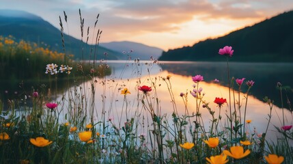 Poster - Colorful Wildflowers by Serene Riverbank with Reflections of Mountains at Sunrise in Tranquil Setting Ideal for Text Overlay