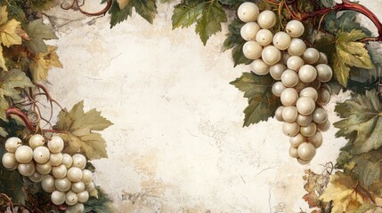 Poster - Elegant Arrangement of White Grapes Surrounded by Green Leaves with Text Space for Home Decoration and Creative Design Projects