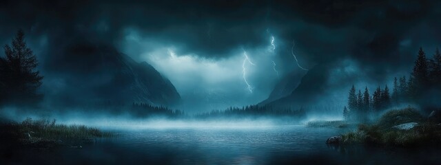 Poster - Dramatic Thunderstorm Over Serene Lake with High Contrast Dark Atmosphere and Ample Copy Space for Text or Design Elements