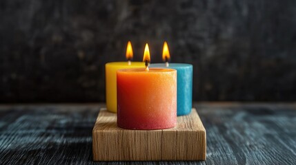 Poster - Vibrant Wax Candles on Wooden Cube with Cotton Wicks and Dark Background for Creative Text Space