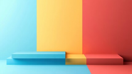 Poster - A vibrant, minimalist setup featuring blue, yellow, and red geometric shapes against a smooth backdrop.