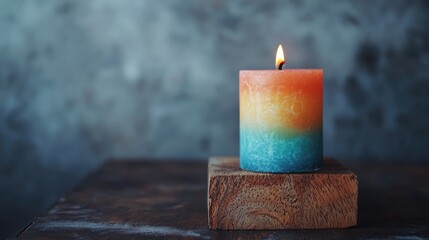 Poster - Vibrant Wax Candle on Rustic Wooden Block with Soft Flame and Blank Space for Creative Text or Inspirational Quotes