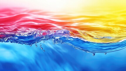 Poster - Vibrant Abstract Water Surface with Colorful Drops in Blue Red and Yellow Featuring Blank Space for Text Overlay