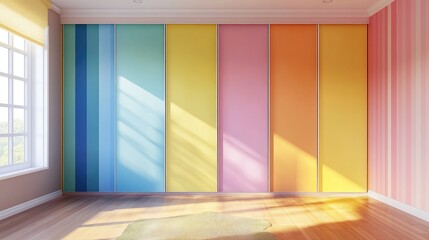 Poster - Colorful wardrobe design in a bright kids bedroom with ample empty space for creative text placement and natural light streaming in.