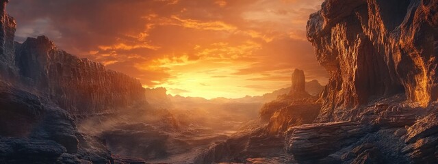 Poster - Dramatic sunset over a canyon highlighting majestic cliffs and intricate rock formations with ample space for text or branding.