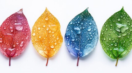 Poster - Vibrant Water Droplets on Colorful Leaves with Blank Space for Text or Design Elements