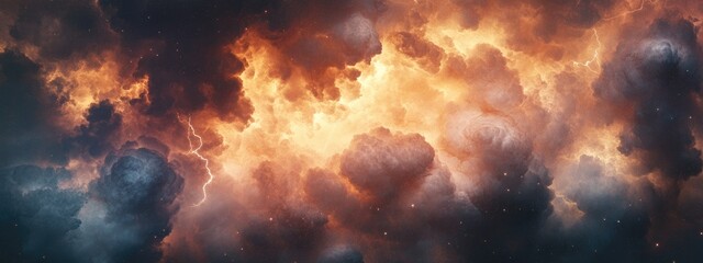 Poster - Dramatic Night Sky with Clouds and Lightning Illuminating the Scene for Text Overlay