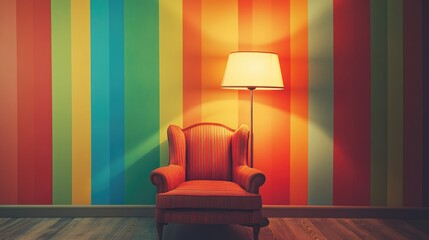Poster - Vibrant striped walls surround a cozy lamp and chair creating an inviting interior space with ample room for text or branding elements