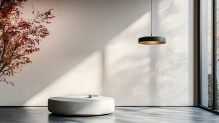 Aufkleber - Modern interior mockup with pendant lighting and round prop on colorful wall showcasing ample copy space for branding or messaging