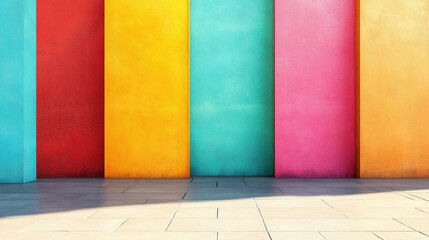 Poster - Vibrant multicolored wall with bright panels and empty copy space for images and text creative backdrop for designs and presentations