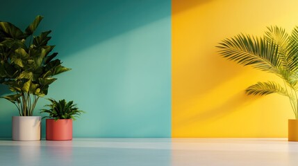Poster - Bright and Modern Colorful Wall Interior Design with Plants and Empty Copy Space