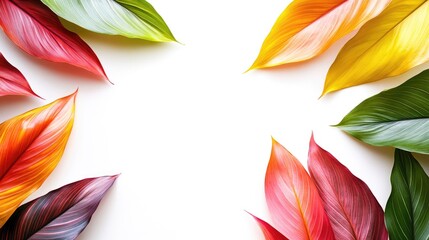 Poster - Vibrant Vriesea carinatus leaves arranged on a white background creating a colorful frame with blank space for text or design elements