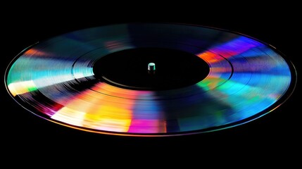 Poster - vibrant holographic vinyl record with shiny reflections and black backdrop ideal for creative projec
