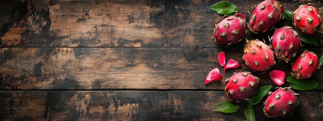 Poster - Fresh dragonfruit arranged on a rustic wooden surface with vibrant colors and empty space for adding text or promotional content.