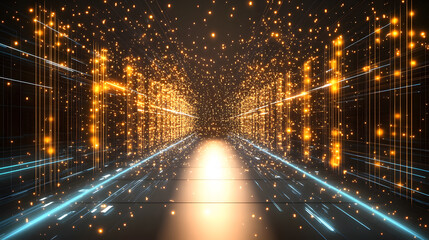 Poster - Digital pathway illuminated by glowing particles and lines, creating a futuristic ambiance