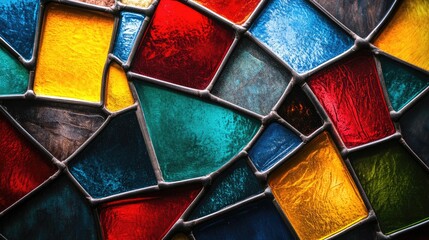 Poster - Colorful vintage stained glass fragments with vibrant hues creating a textured background ideal for artistic presentations or text overlays.