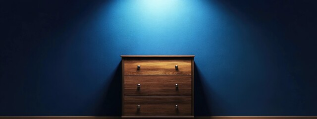 Poster - Wooden drawer chest positioned against a blue wall illuminated by spotlight with ample empty space for text or design elements