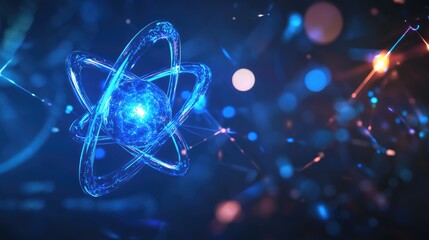 Poster - Blue Atom Model with Neon Effects and Copy Space for Text Ideal for Science and Technology Themes