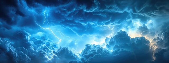 Poster - Dramatic storm clouds and blue lightning illuminating the sky creating a natural landscape background with space for text.