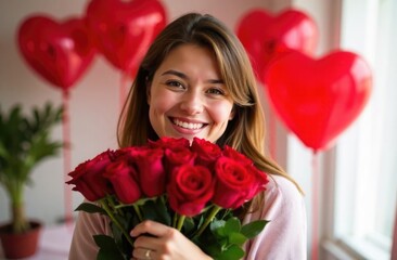 Happy girl hugging bouquet of red roses against background of heart-shaped balloons in apartment. Valentine's day, women's day, bouquet and flower delivery, flower gifts, business, romance services