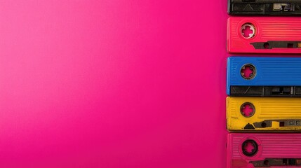 Poster - Vintage cassette tapes in vibrant colors arranged on a bold pink background with ample empty space for artistic text or design elements