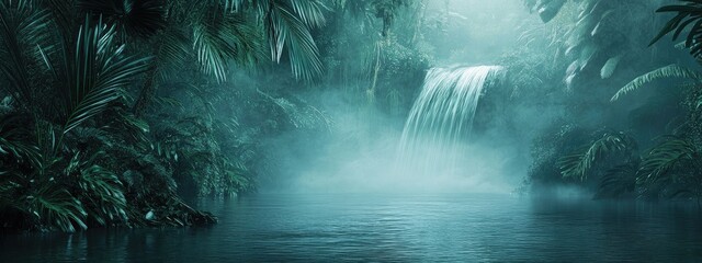 Poster - Lush Waterfall Cascading into Tranquil Pool Surrounded by Misty Rainforest for Nature Inspired Text Overlays