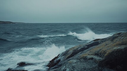 Poster - Dynamic Ocean Waves Crashing on Rocky Shoreline under Gray Sky with Distant Horizon and Empty Copy Space for Text Usage